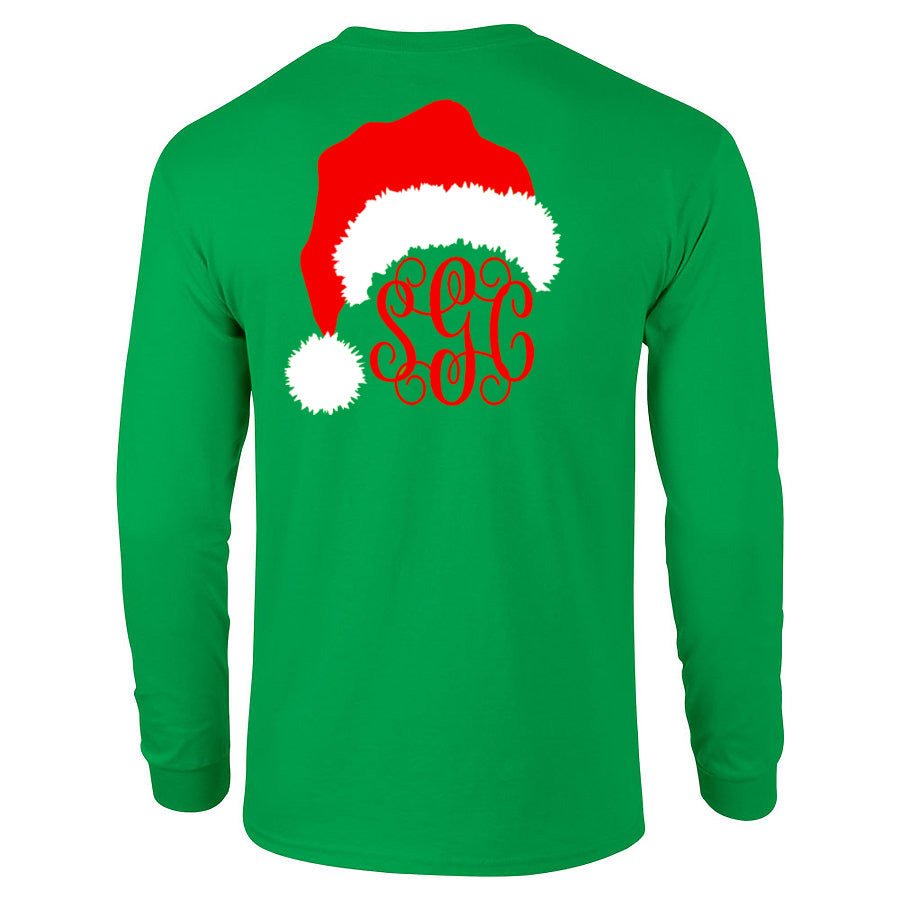 Santa Hat Monogram (Left Chest) - Kelly Green Long Sleeves Tee - Southern Grace Creations