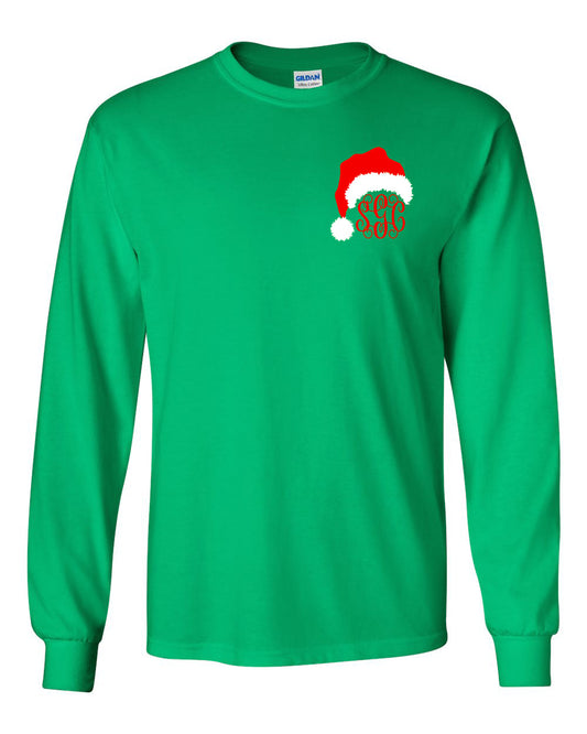 Santa Hat Monogram (Left Chest) - Kelly Green Long Sleeves Tee - Southern Grace Creations