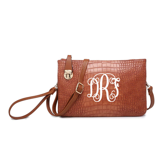 Sarah Monogrammable Crocodile Crossbody/Clutch-Brown - Southern Grace Creations