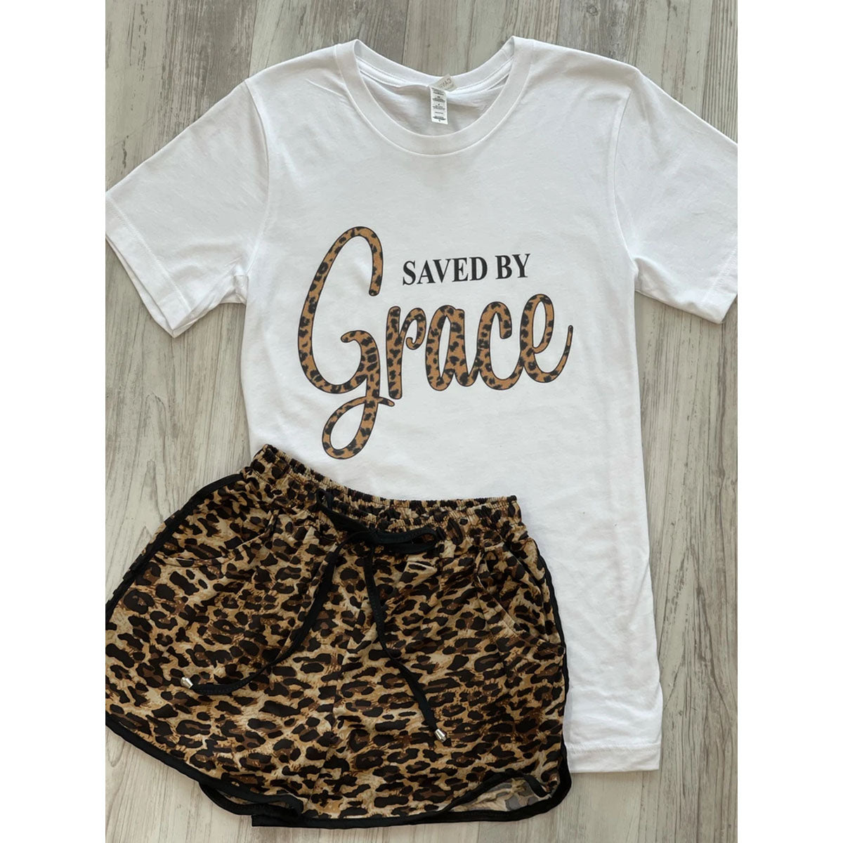 Saved By Grace Leopard Short Set (White Tee/Leopard Silk Shorts) - Southern Grace Creations