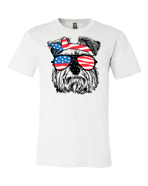 Schnauzer with Flag Bandana and Glasses Tee - Southern Grace Creations