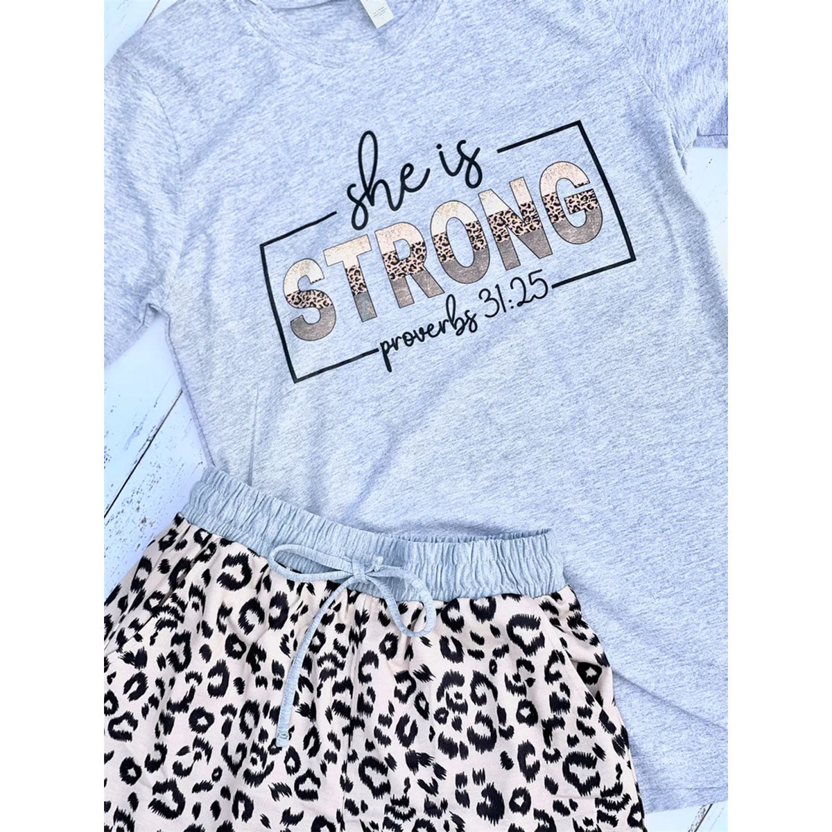 She is Strong Leopard Short Set (Sport Grey Tee/Khaki Leopard Shorts) - Southern Grace Creations