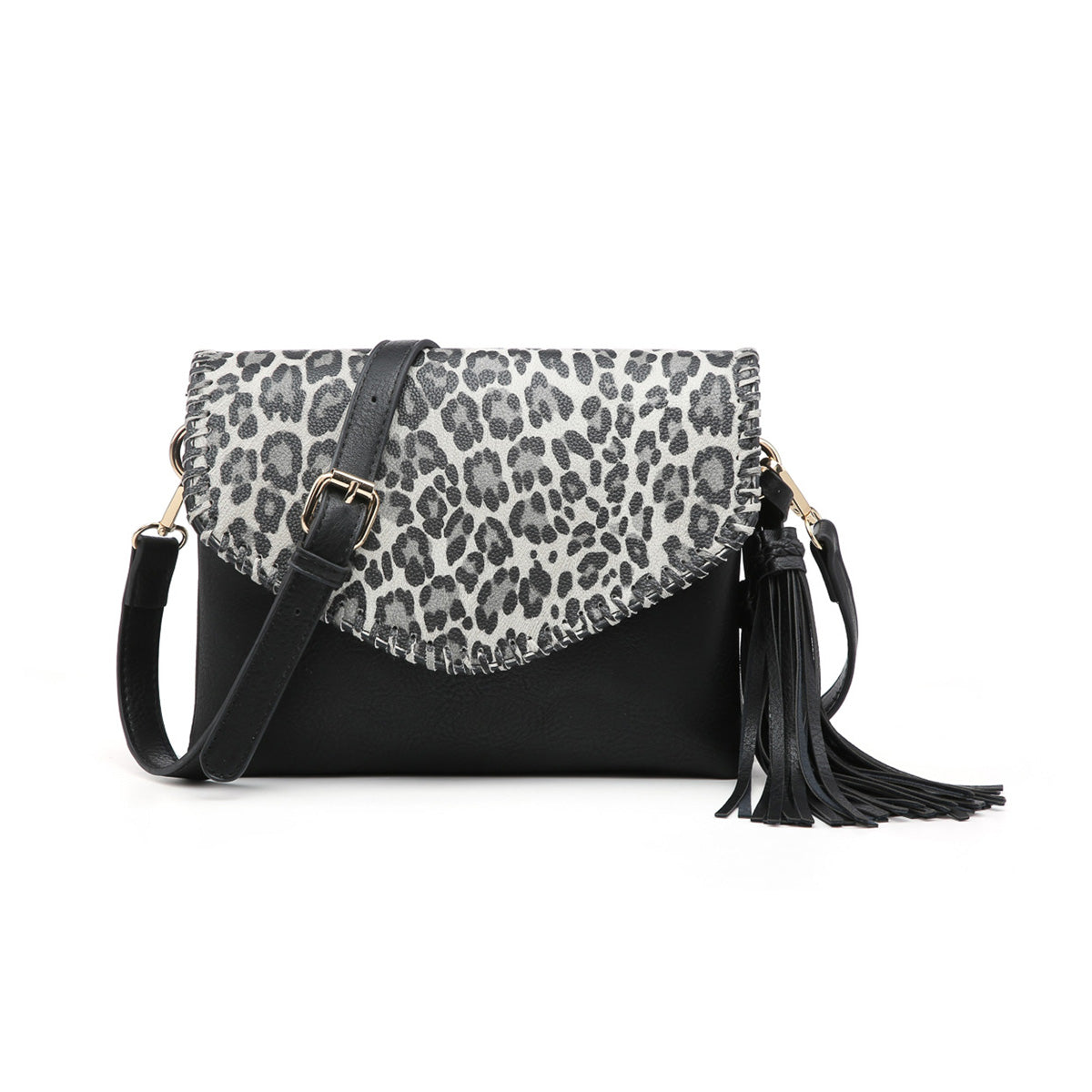 Sloane Flapover Crossbody w/ Whipstitch and Tassel - Cheetah-Black - Southern Grace Creations