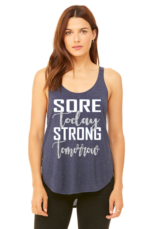 "Sore Today Strong Tomorrow" - Heather Navy Flowy Side Slit Tank (8802) - Southern Grace Creations