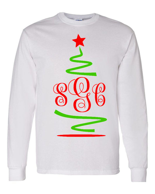 Squiggly Christmas Tree Tee - Long Sleeve White - Southern Grace Creations
