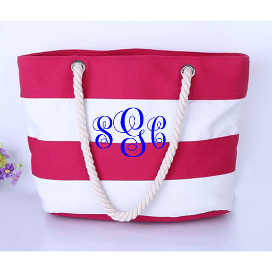 Stripe Beach Tote - Pink/White - Southern Grace Creations