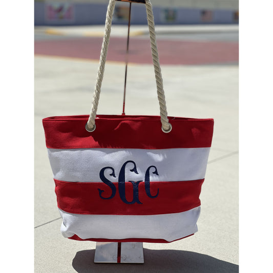 Stripe Beach Tote - Red/White - Southern Grace Creations