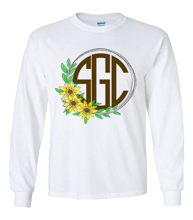 Sunflower Wreath Monogram - White Long-Sleeve Tee - Southern Grace Creations