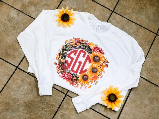 Sunflower and Maroon Fall Wreath Mono Tee - White Longsleeve - Southern Grace Creations