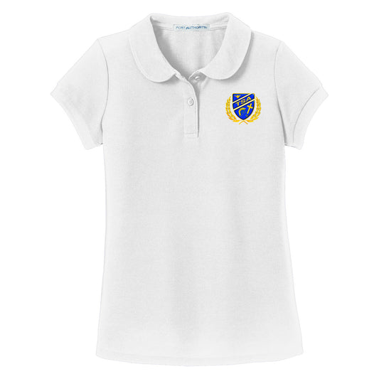Tattnall - Girls Peter Pan Collar Polo with Crest - White (YG503) - Southern Grace Creations