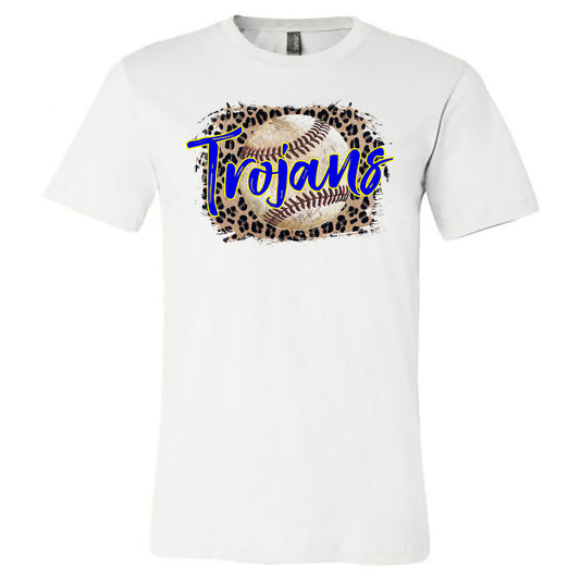 Tattnall - Trojans Baseball Leopard Background - White (Tee/Hoodie/Sweatshirt) - Southern Grace Creations