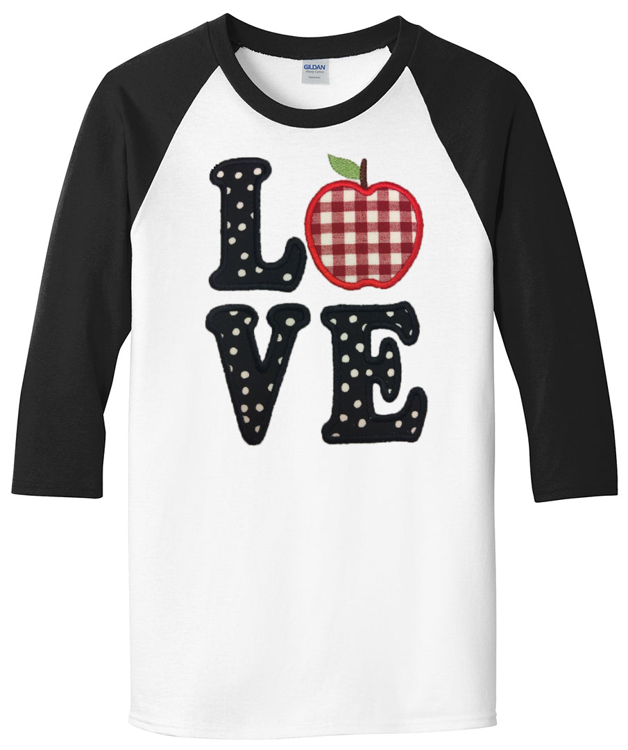 Teacher Love Applique - White/Black Raglan - Southern Grace Creations