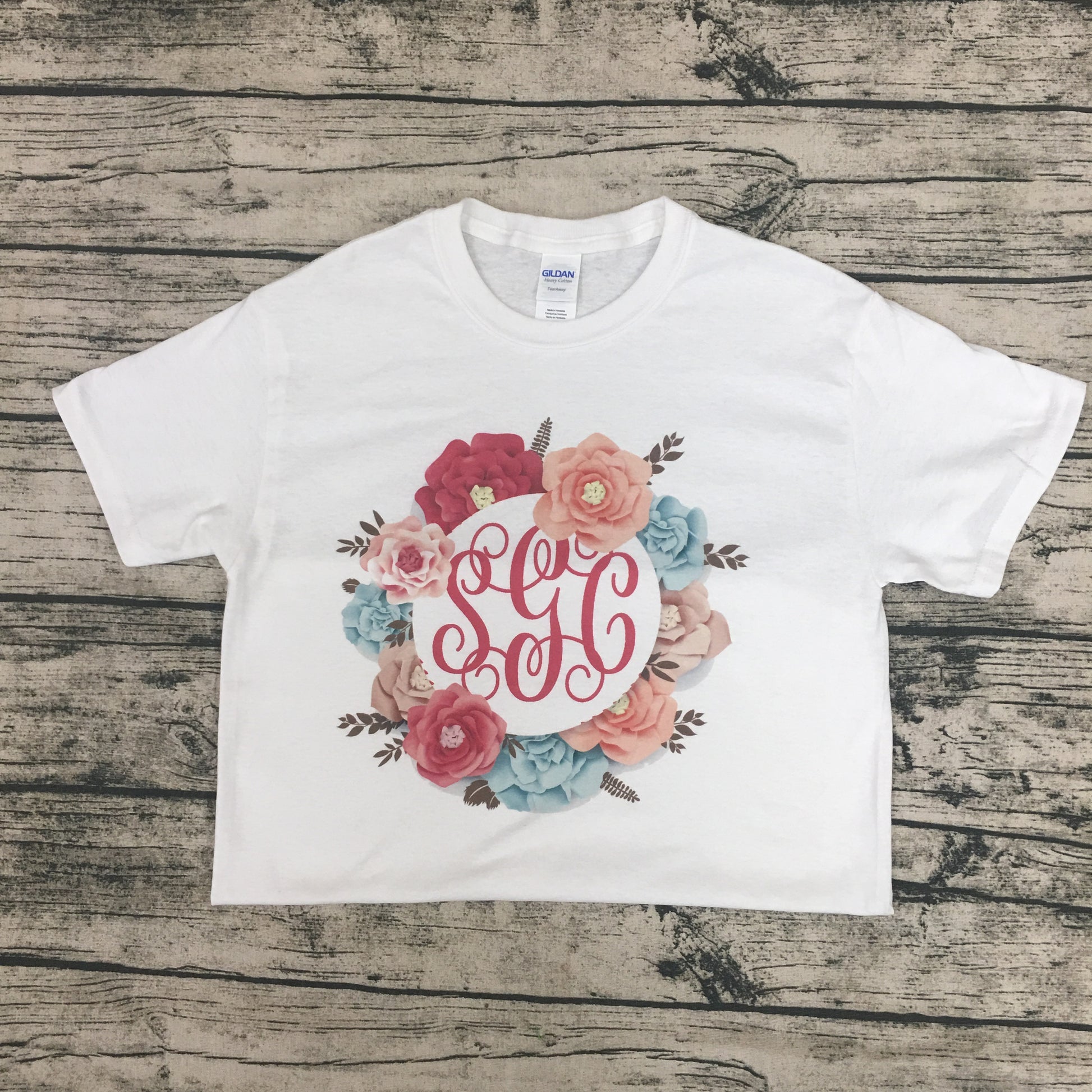 The Perfect Flower Frame Monogram  New design- White Short Sleeve Tee - Southern Grace Creations