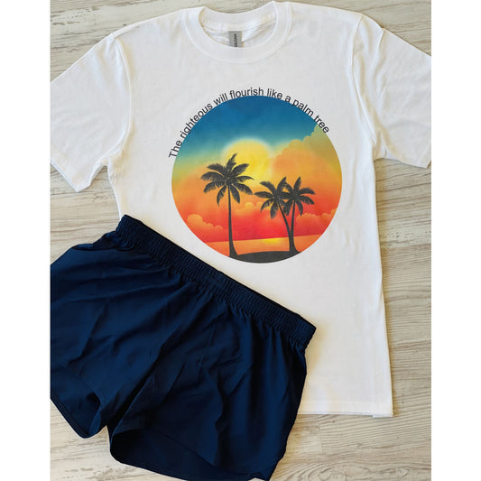 The Righteous Will Flourish Like A Palm Tree - Sunset Set (White Tee/Navy Shorts) - Southern Grace Creations