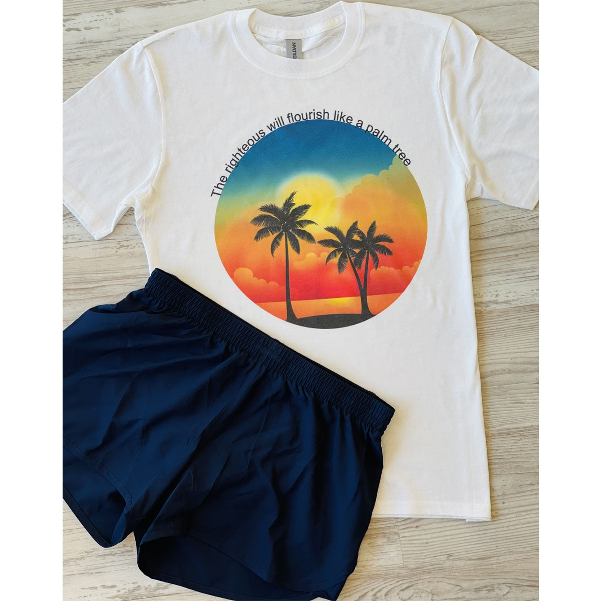 The Righteous Will Flourish Like A Palm Tree - Sunset - White Short Sleeve Tee - Southern Grace Creations