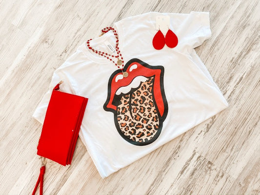 Tongue Leopard Print Tee - White - Southern Grace Creations