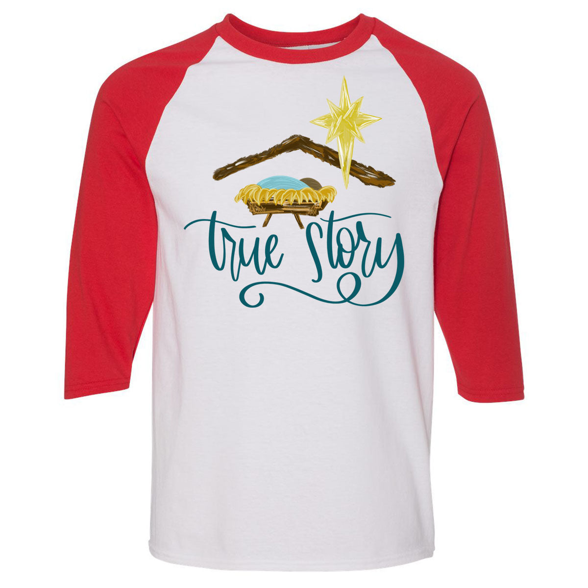 True Story Manger Art - Red/White Raglan - Southern Grace Creations