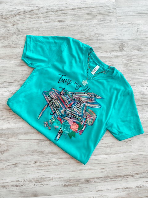 Tune My Heart to Sing Thy Grace Piano - Teal Tee - Southern Grace Creations