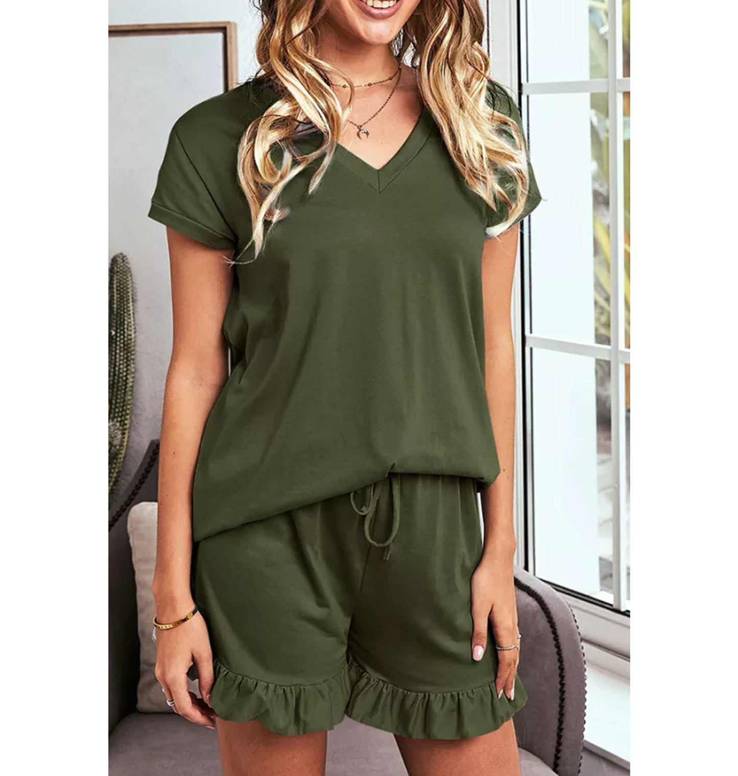 V Neck Short Ruffle Lounge Set - Army Green - Southern Grace Creations