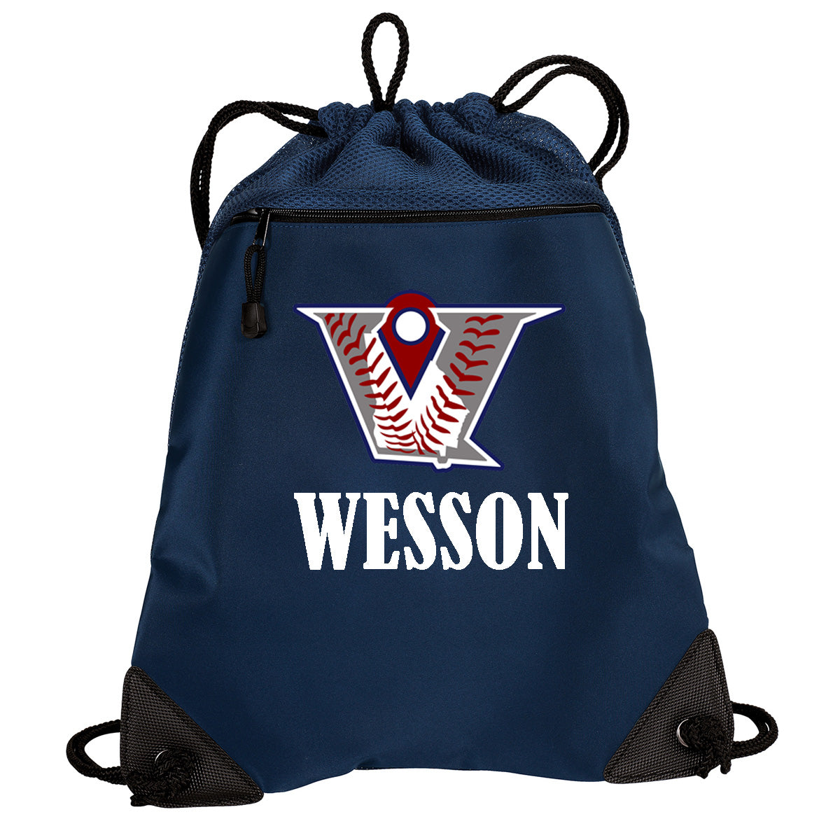 Velo BB - Cinch Backpack with Velocity Baseball Logo with Name - Navy (BG810) - Southern Grace Creations