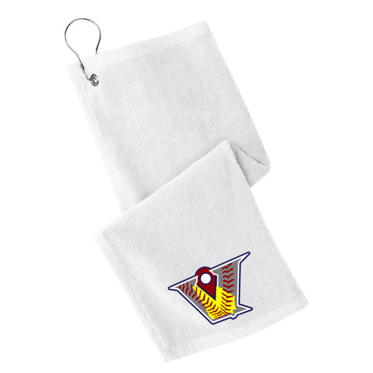 Velo FP - Grommeted Towel with Velocity Fastpitch Logo - White (PT400) - Southern Grace Creations
