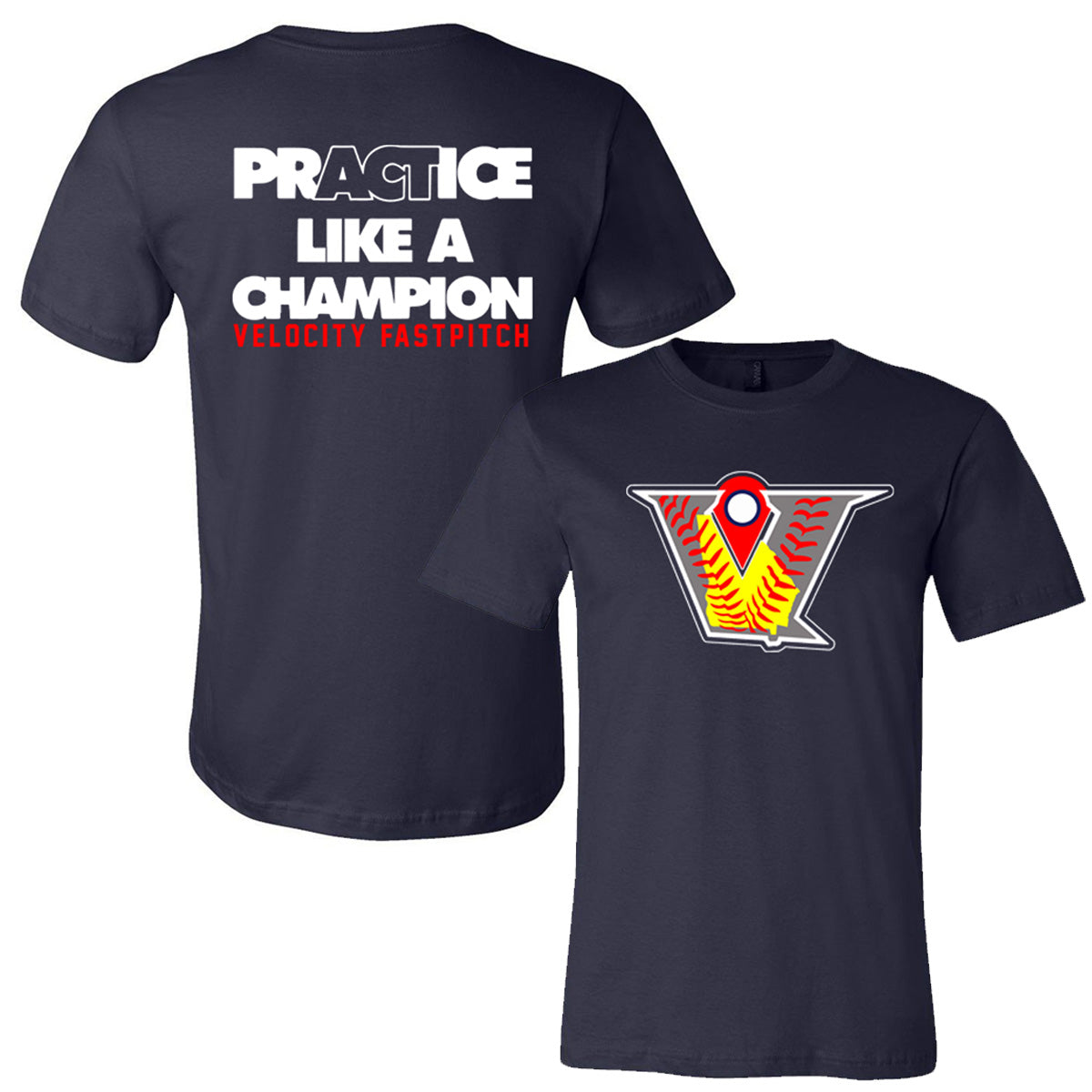 Velo FP - Velo Softball Logo - PrACTice Like A Champion - Navy Short Sleeve (Tee/Hoodie/Sweatshirt) - Southern Grace Creations