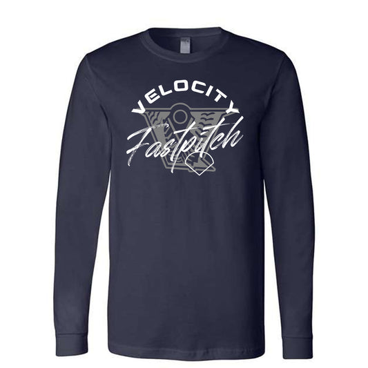 Velo FP - velocity fastpitch with big logo in background - Navy (Tee/Hoodie/Sweatshirt) - Southern Grace Creations