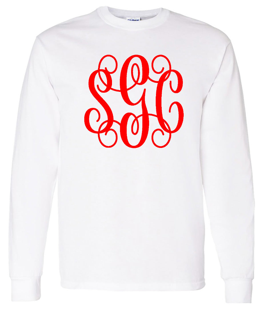 White Long Sleeve Tee with Big Red Vine Monogram - Southern Grace Creations