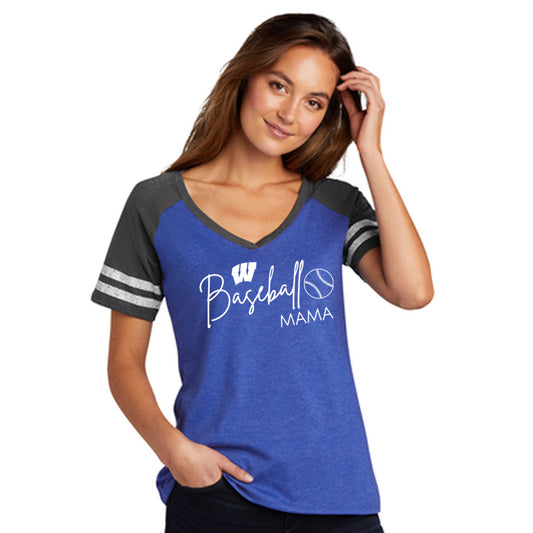 Windsor - Baseball Mama 1 - District Women’s Game V-Neck Tee - Heathered True Royal/ Heathered Charcoal (DM476) - Southern Grace Creations