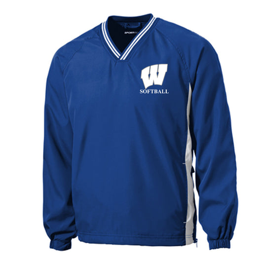 Windsor - Softball - Sport-Tek Tipped V-Neck Raglan Wind Shirt (JST62) - True Royal/White - Southern Grace Creations
