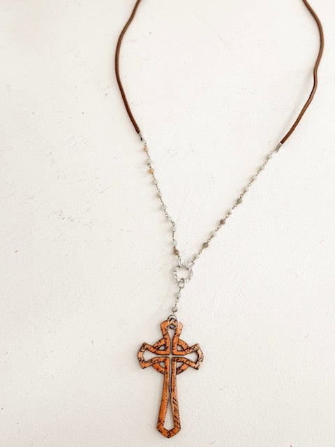Wooden Cross Necklace - Brown/Mint - Southern Grace Creations