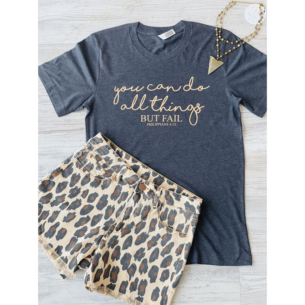 You Can Do All Things But Fail Shorts and T-shirt Set (Dark Grey Heather Tee/Leopard Jean Shorts) - Southern Grace Creations